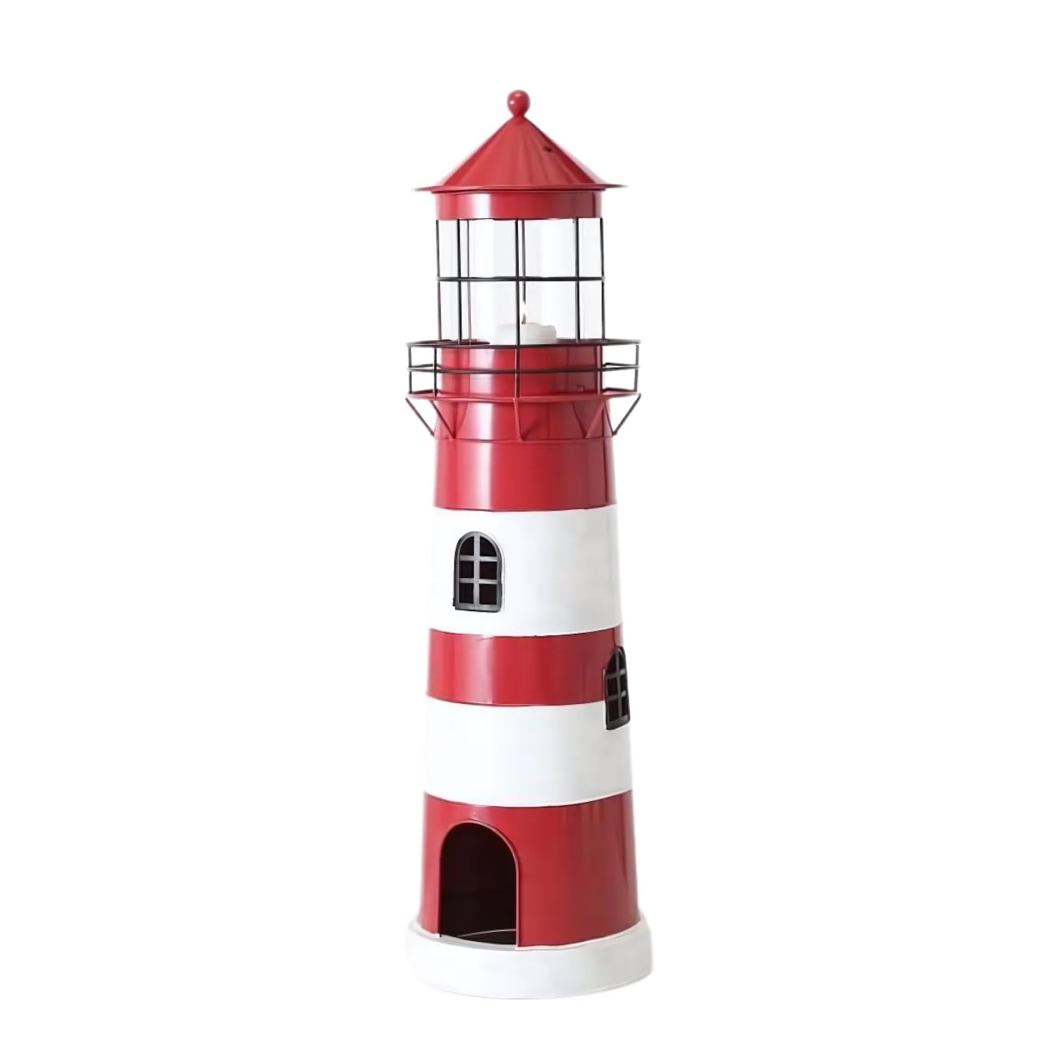 Seaside No.64 - Leuchtturm farbige Streifen - maritimes Windlicht aus Eisen, lackiert - mit Glaszylinder, Zwei Größen - Laterne, Aussichtsturm, Kerzenhalter, Wachturm, Leuchtfeuer (rot/weiß, groß)
