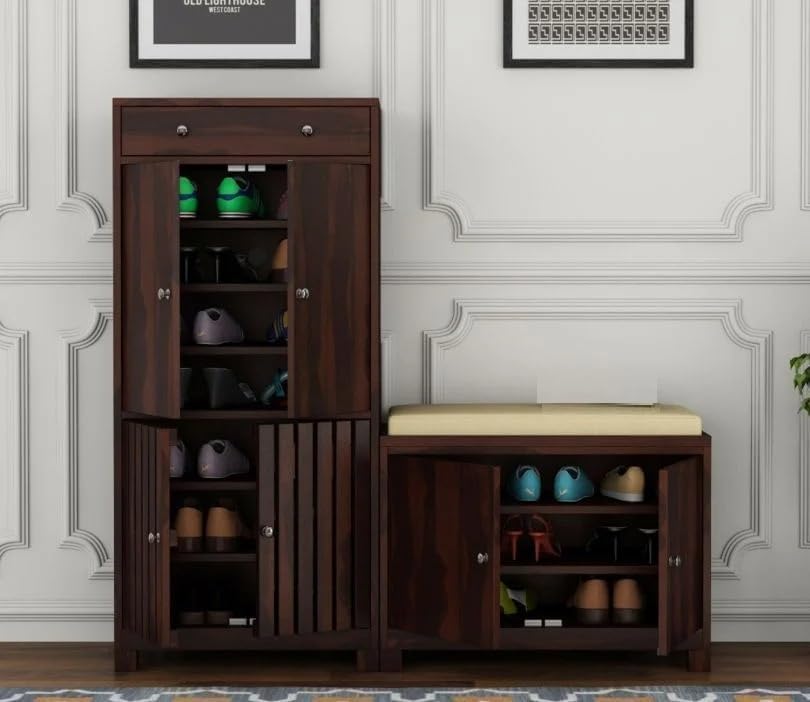 Image of Sheesham Wood Shoe Cabinet with Seating | Wooden Shoe Rack for Home | Shoe Rack with Door | Storage Cabinet for Living Room | Walnut Finish | 51x14x52 Inches