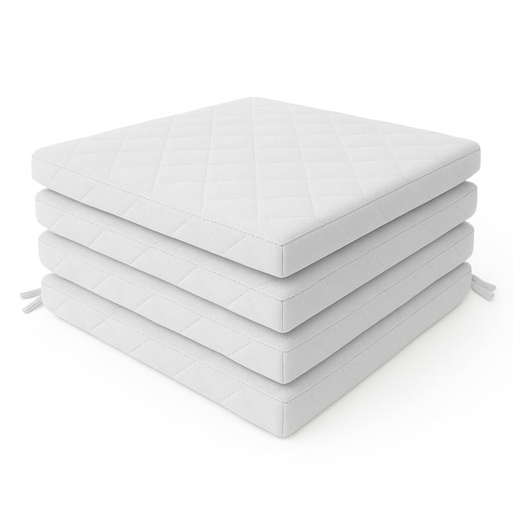 4Pcs Quilted Dining Garden Chair Seat Pads with Ties for Kitchen, Living Room, Patio, Office – Indoor Outdoor Foam Cushions with Removable Covers (Silver Grey)