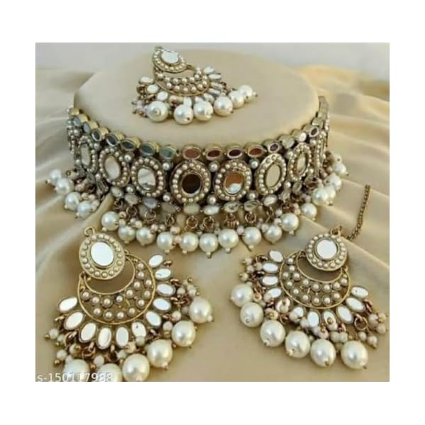 Amoura Gold Plated Mirror Jewelry Set with Pearls - Adjustable Choker, Earrings, and Mang Tika for Women - Perfect for Wedding, Anniversary - Image 6