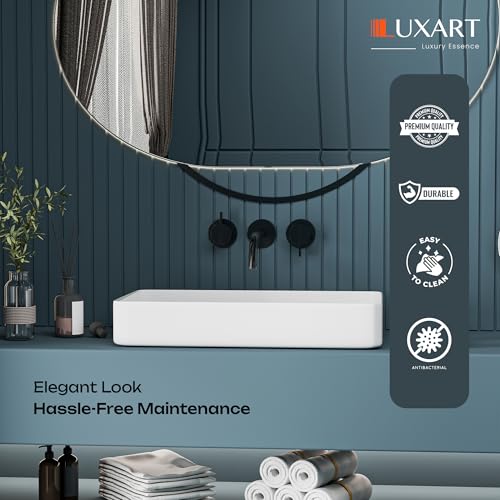 Image of LUXART Tabletop Wash Basin For Bathroom - 24x14x5 Inc Ceramic Glossy White Countertop Washbasin | Vessel Sink For Hotel, Dining Hall, Vanity | Over counter Top Washroom Sink