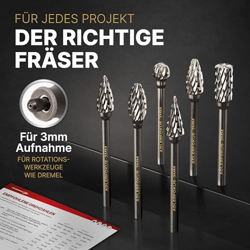 Adlerfokus Hartmetall Frässtifte [UNIVERSAL] 6 Stück Metall Fräser mit 3mm Schaft - Hartmetallfräser - Metallfräser - Frässtifte für Metall - Metallfräse - Dremel Fräser - Fräsbohrer Metall