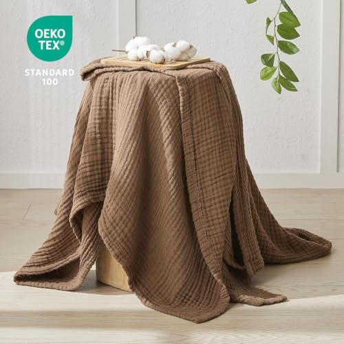 Image of EMME Muslin Blankets for Adults Throw Blanket for Couch Breathable Gauze Soft Lightweight Airy Brown Queen 90 inch x 90 inch
