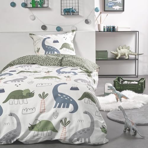 Familando Dino Bettwäsche Set 2-teilig 135x200 80x80 cm Kinderbettwäsche Dinosaurier Triceratops Brachiosaurus Grün - 100% Baumwolle mit Wendemotiv Atmungsaktiv & hautfreundlich - Öko-TEX