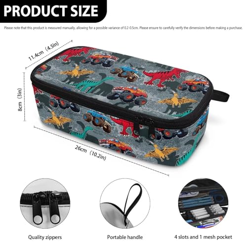 Image of Dinosaur Boys Pencil Pouch Truck Print Large Pencil Case for Kids 6-8 Years Portable Pen Bag with Double Zipper for Elementary Students