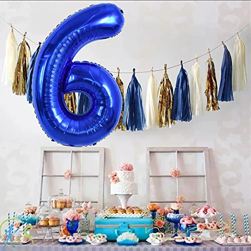 Image of TONIFUL 40 Inch Navy Blue Number 6 Balloons Large Foil 6th Birthday Decor | Deep Blue 6 Balloon Number Six for 6th 16th 26th 36th 60th Birthday 6 Year Anniversary, Blue Decorations for Women Boys