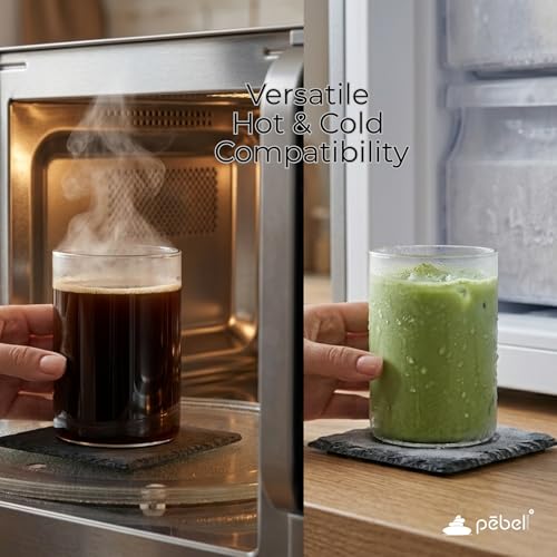 Image of PEBELLIFEWARE Aesthetic Glass Coffee Mugs (Set of 2) - Premium Borosilicate Clear Drinking Glasses Tall Minimalist 240ml for Coffee, Matcha, Smoothies - Microwave & Dishwasher Safe