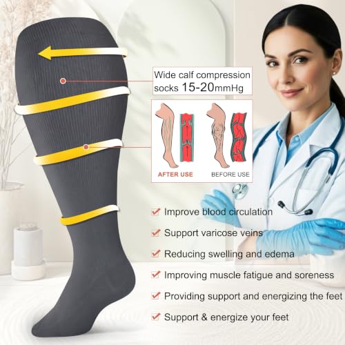 Image of Diu Life 3 Pairs Plus Size Compression Socks for Women and Men Wide Calf Extra Knee High Support for Circulation