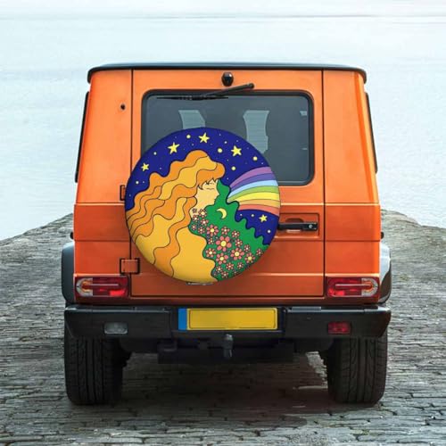 Image of Girl Stars Moon Night Sky and Rainbow Spare Tire Cover Psychedelic Hippie Girl with Golden Hair Wheel Covers for RV Tires Camper Tire Case Protectors for Trailer Rv SUV Truck Travel Trailer 15 in
