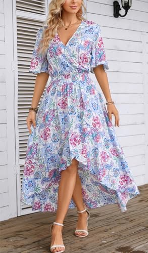 Image of Kormei Women Short Sleeve V Neck Floral High Low Flowy Summer Party Long Maxi Dress