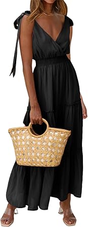 Women's Cross Neck Summer Sleeveless Tiered Maxi Dress