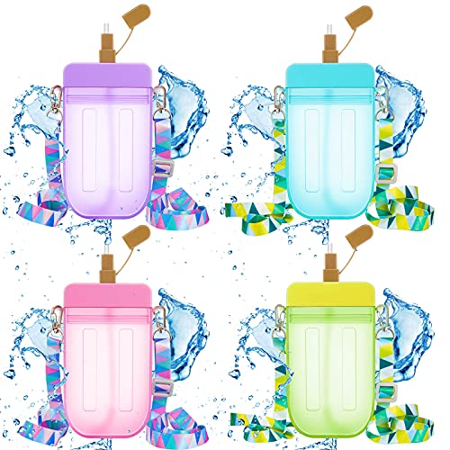 Cunhill 4 Pieces Cute Ice Cream Water Bottles with Strap Kawaii Drinking Purse Ice Bar Transparent Jug Cup for Camping Sports Shopping Kids