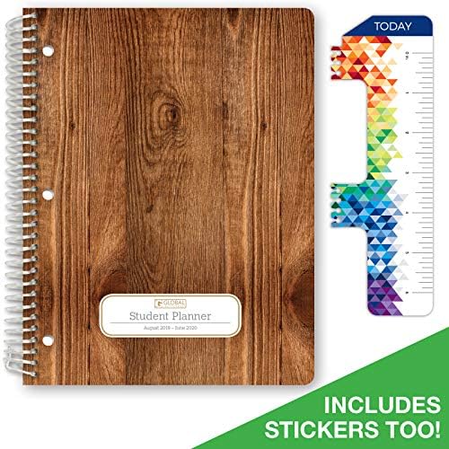 HARDCOVER Dated Middle School or High School Student Planner for Academic Year 2019-2020 (Matrix Style - 8.5"x11" - Woodgrain Cover) - Bonus Ruler/Bookmark and Planning Stickers