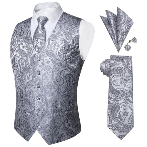 Image of DiBanGu Mens Paisley Vest Silk Sleeveless Suit Vest and Neck Tie Pocket Square Cufflinks Set for Wedding Formal