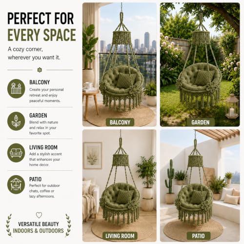 Image of Premium King Size Hammock Chair Swing with Cushion, 200kg Capacity | Indoor Outdoor Heavy Duty Adults & Kids Hanging Jhula for Home, Garden, Patio & Balcony | 1 Yr Warranty (Olive Green)