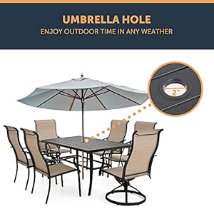 HAPPATIO Patio Dining Table for 6, Metal Steel Slat Patio Dining Table with Umbrella Hole Dia 2", Black Brown (60" x 35" x 28.5") HAPPATIO Patio Dining Table for 6 Metal Steel Slat Patio Dining Table with Umbrella Hole Dia 2 Black Brown 60 x 35 x 285
