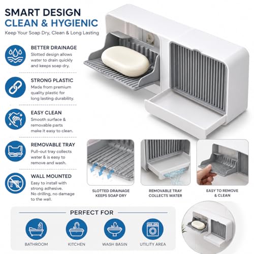Image of Wall Mounted Soap Holder with Removable Drain Tray for Bathroom Kitchen Wash Basin | Self Draining Plastic Soap Dish | Adhesive No Drill Double Layer Soap Box Holder (Pack of 1)