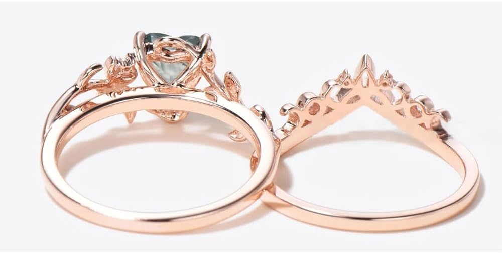 1 Carat Heart Shaped Gemstone Engagement Ring Set for Women, Solid 10K 14K 18K Gold Celtic Knot Band Vintage Moon Leaf Bridal Wedding Ring Sets Gift for Her Wife Mom Nana