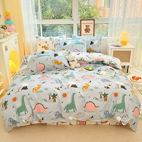 Blueblue Jurassic Dinosaur Duvet Cover Set 100% Cotton Bedding For Kids Boys Girls Teens Single Bed Cartoon Dinosaur Long-Necked Dragon Cactus On Light Blue Grey 1 Comforter Cover 2 Pillowcase (Twin) #TOP12