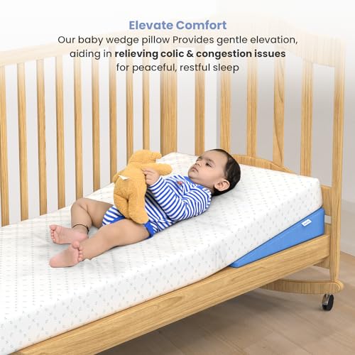 Image of Cherilo Standard Elevated Wedge Pillow for Baby Crib & Mattress, Helps to Elevate Baby for Acid Reflux, Colic, GERD, Heat Burn & Vomiting | 14 inch x 19 inch x 3.5 inch | - with Removable Velvet Cover - Sky Blue