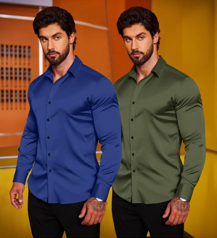 Image of Combo of Men's Premium Satin Cotton Shirt with Full Sleeves & Spread Collar | Smooth Finish | Slim Fit | Stylish Button Down Shirt for Evening, Casual Pack of 2