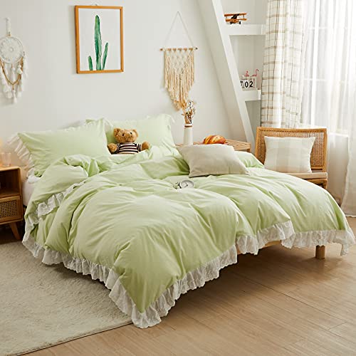 Perkily Lace Duvet Cover Twin Ruffle Light Sage Green Bedding Set Vintage 100% Washed Cotton Princess Girls 3 Pcs With 2 Pillow Shams For Child Teen #TOP1