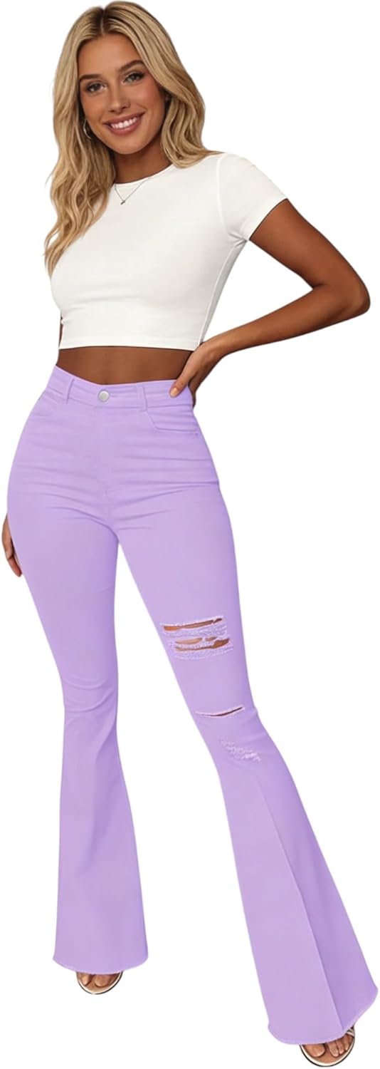 Flare Jeans for Women Stretch Ripped Distressed Bell Bottoms Curvy Wide Leg Bootcut Pants