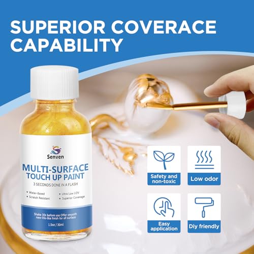 Image of SENVEN Liquid Gold Leaf Paint High Gloss Multi Surface Rich Gold Paint for Metal, Wood, Plastic, Canvas, Appliance, Furniture Scratch Repair & Art Handcrafts 30ml /1.5oz Fast Drying Acrylic Metallic Finish