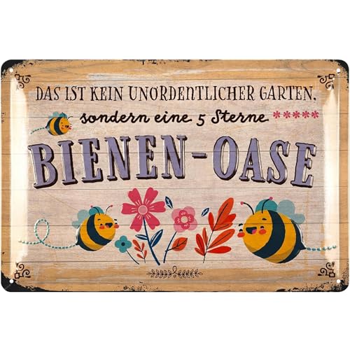 LANOLU Retro Blechschild Bienen-OASE Schild - Blechschilder Garten mit Spr&uuml;chen - nostalgische Dekoration als G&auml;rtner Geschenke - Retro Deko Vintage Metallschild Garten in Holz Optik 20x30cm