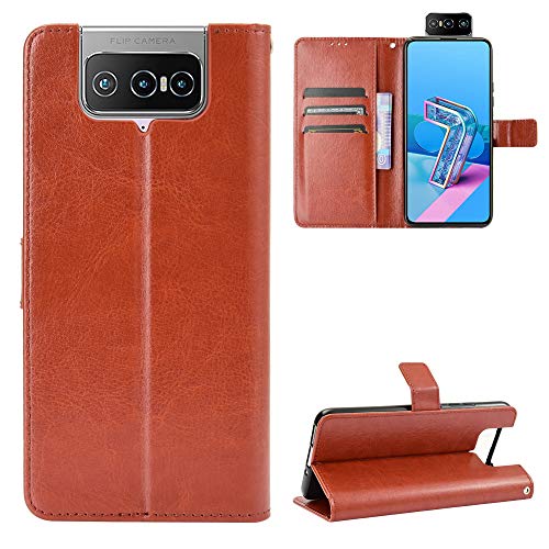 QiongNi Case for Asus ZenFone 7 ZS670KS Case Cover,Case for Asus ZenFone 8 Flip ZS672KS Case Cover,Flip Leather Wallet Cover Case for Asus ZenFone 7 Pro ZS671KS Case Brown
