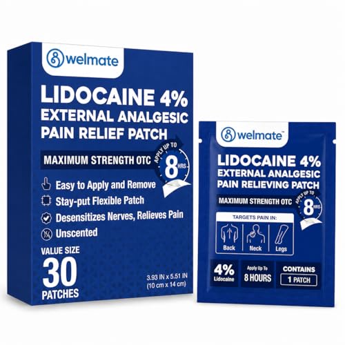WELMATE - 4% Lidocaine Numbing Patch - Maximum Strength - Temporary Relief of Pain, Back, Neck, Shoulders, Knees, Elbows, Minor Skin Irritations - Topical Analgesic Unscented - 30 ct