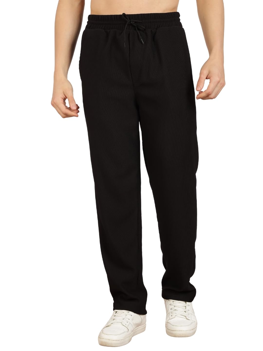 Men's Regular Fit Textured Trousers with Elastic Waistband & Drawstring Closure – Casual & Smart Everyday Pants-image-43