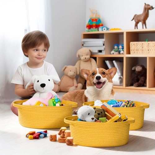 Image of WILLITAT Yellow Basket for Gifts Empty, 13 inchx 9 inchx 5 inch Small Woven Gift Basket with Bag and Ribbon, Cotton Rope Dog Cat Toy Bin Box, Cute Baby Nursery Organizer, Decorative Storage with Handles, Yellow