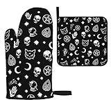Skull Cat Moon Gothic Oven Mitts and Pot Holders Sets,Heat Resistant Non Slip Kitchen Gloves Hot Pad