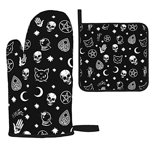 Skull Cat Moon Gothic Oven Mitts And Pot Holders Sets,Heat Resistant Non Slip Kitchen Gloves Hot Pads With Inner Cotton Layer For Cooking Bbq Baking Grilling #TOP11
