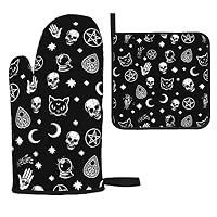 Mingnei Ofenhandschuhe & Topflappen Im Gothic-Totenkopf Design – Schwarz, Hitzebeständig – Set Für Küche, Grill