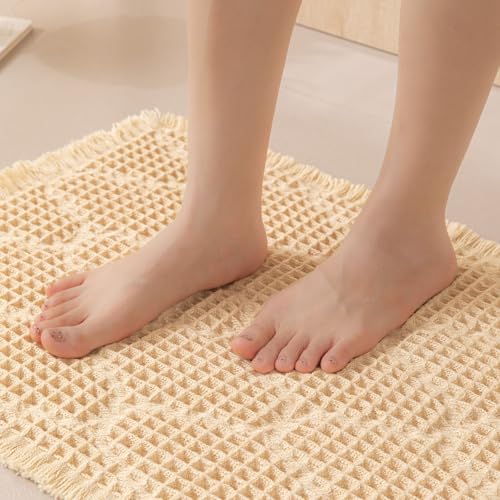Image of HomeCloud Waffle Bath Mat, Super Absorbent Non Slip Mats for Bathroom Floor, Machine Washable Bathroom Rugs with Tassels,Ultra Soft (T.Cream)