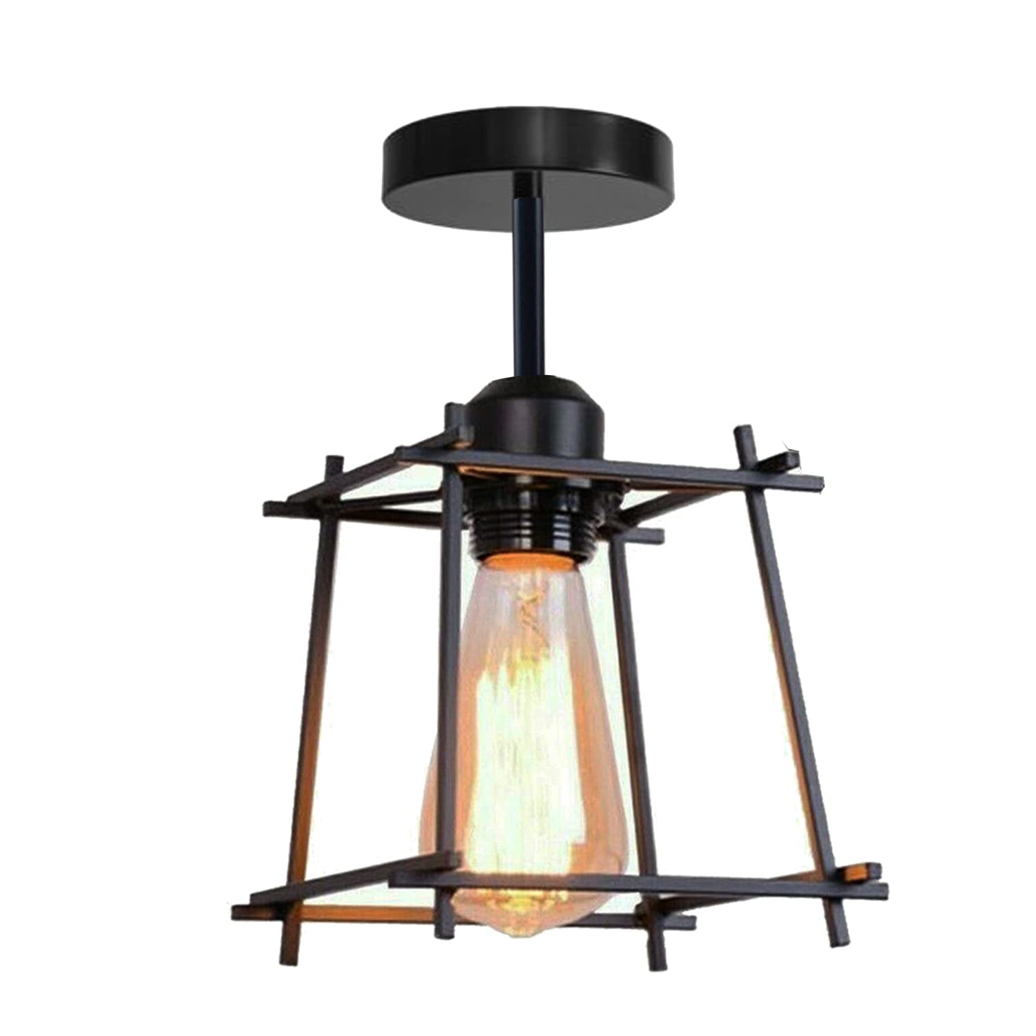 LEDSone Modern Semi Flush Mount Ceiling Lampshade Black Metal Square Shaped Cage Light Shade with E27 Base Pendant Ceiling Lamp for Living Room Kitchen Bedroom Hallway Dining Room Office Stairway