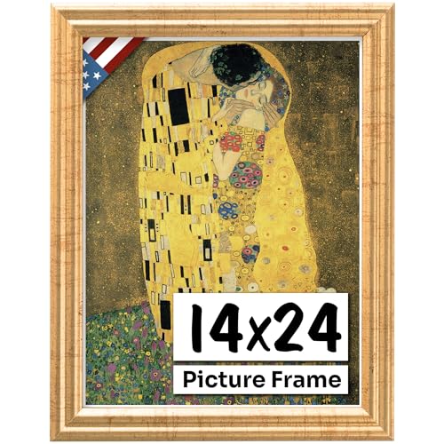 Antique Gold 14x24 Picture Frame .75" Inch Wide - Gold Wall Decor Handmade Solid Wood Frames with Preinstalled Hangers and UV Blocking Plexiglass 24x14 Frame