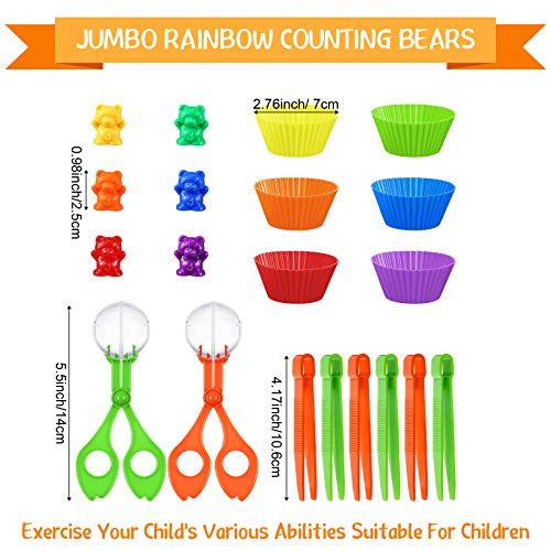 74 Pieces Counting Sorting Bears Sensory Bin Tools Fine Motor Skills Handy Scoopers Set Includes 60 Cute Rainbow Sorting Bears, 6 Jumbo Tweezers, 2 Scissors Clips and 6 Colorful Cups - Image 2