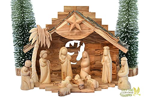 Wooden Nativity Set for Christmas Made of Olive Wood in The Holy Land - 12 Piece Nativity Scene with Music Box - Christmas Decoration