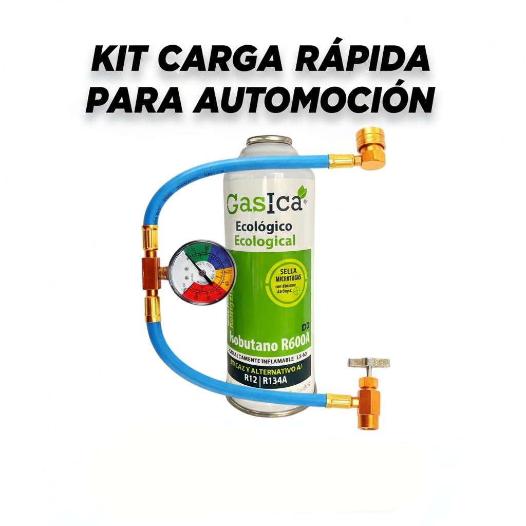 Gasica D2 Gas Refrigerante Orgánico Ecológico, Kit de Carga con Manómetro, compatible con R12 R134A, 226gr, para sistemas de aire acondicionado de automóviles