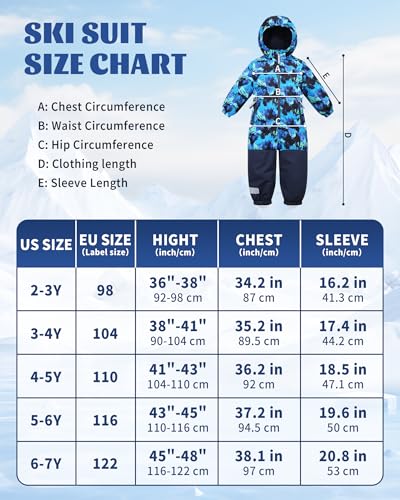 Owntop Schneeanzug Kinder Unisex, Schneeoverall Mädchen Jungen, Winddicht Wasserdicht Skianzug mit Kapuze Reißverschluss (Hellblau Tarnung,122)