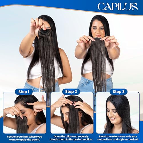 Image of Capilus Invisible Hair Patch (Natural Black, 12 Inch 1 Pack) | 100% Indian Human Hair Extensions for Women & Girls | Natural-Looking Volumizer | Undetectable, Durable & Non-Damaging Clip Mechanism