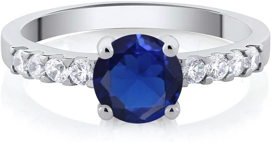 Gem Stone King Blue Created Sapphire Engagement Anniversary Promise Ring For Women (1.24 Cttw, Gemstone September Birthstone, Round 6MM)