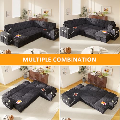 Image of Modular Sectional Sleeper Sofa with Pull Out Bed, 108 Inch U Shaped 7 Seat Couches for Living Room, Chenille Fabric Cloud Couch Bed with Storage, Reclining Backrest, USB Charging, Luxury Black