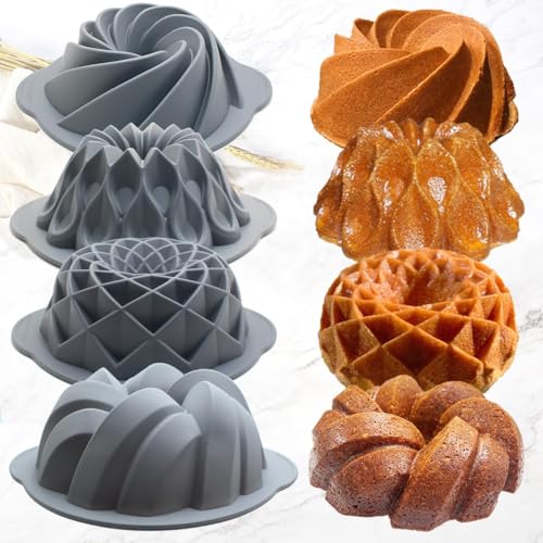 image for Tongjude 4 Pieces Silicone Fluted Cake Pans, 6/7/8 Cups Tube Baking Pa
