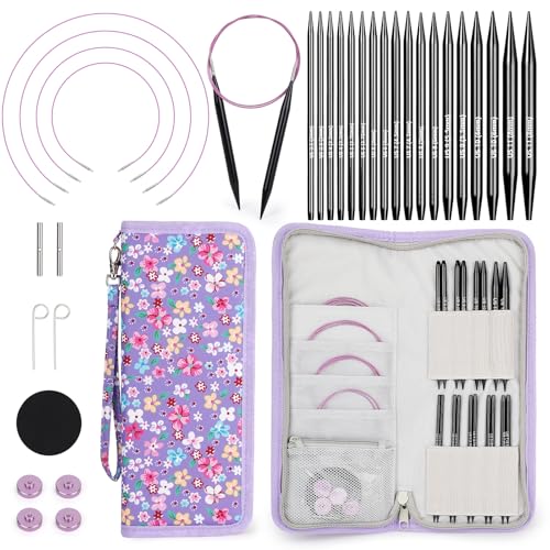 Coopay - Juego de agujas de tejer circulares, 9 pares de agujas de tejer circulares metálicas intercambiables con estuche, cables y accesorios, agujas de tejer redondas intercambiables de 3.0mm a
