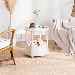 Yoobure Small Side Table, LED Night Stand with Charger Station, Round End Table Side Tables Living Room with Fabric Basket, Bedside Table End Tables Bedroom, Storage Accent Table for Small Spaces Yoobure Small Side Table LED Night Stand with Charger Station Round End Table Side Tables Living Room with Fabric Basket Bedside Table End Tables Bedroom Storage Accent Table for Small Spaces
