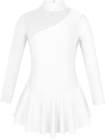 iiniim Girls Figure Skating Dress Long Sleeve Rhinestone Mesh Leotard